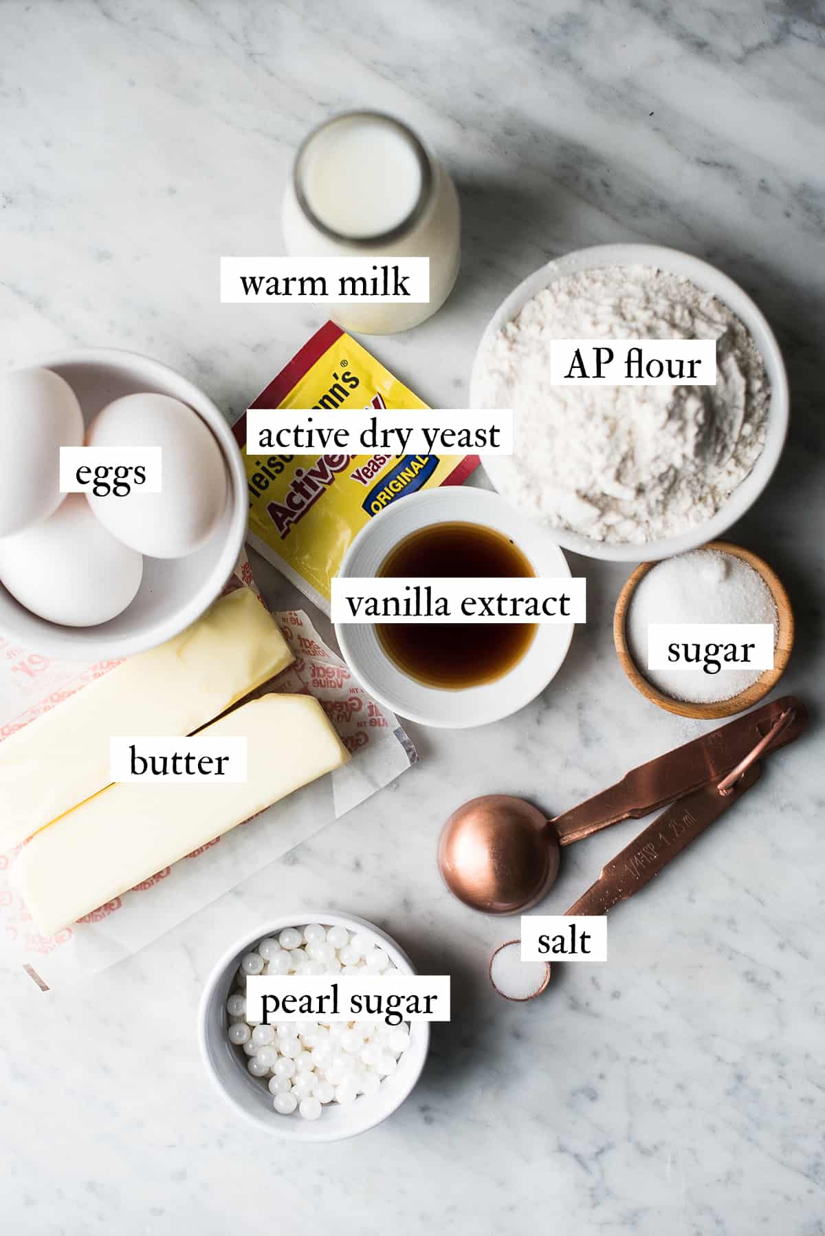 ingredients for liege waffles on marble countertop