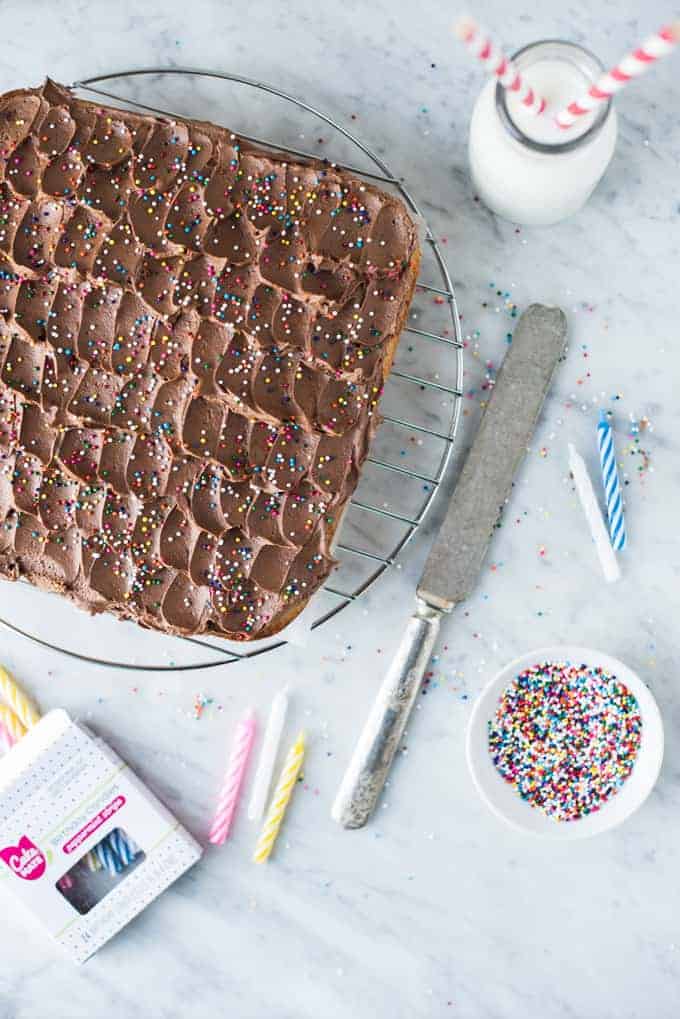 vanilla birthday cake + chocolate buttercream frosting | superman cooks