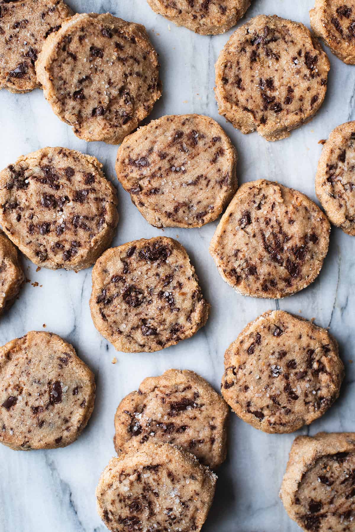 chocolate chunk shortbread cookies spread on counter