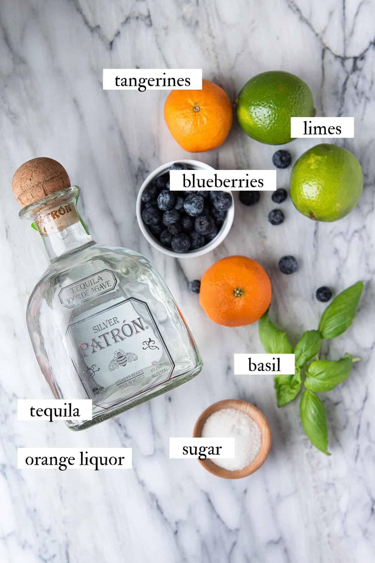 ingredients for blueberry basil margaritas