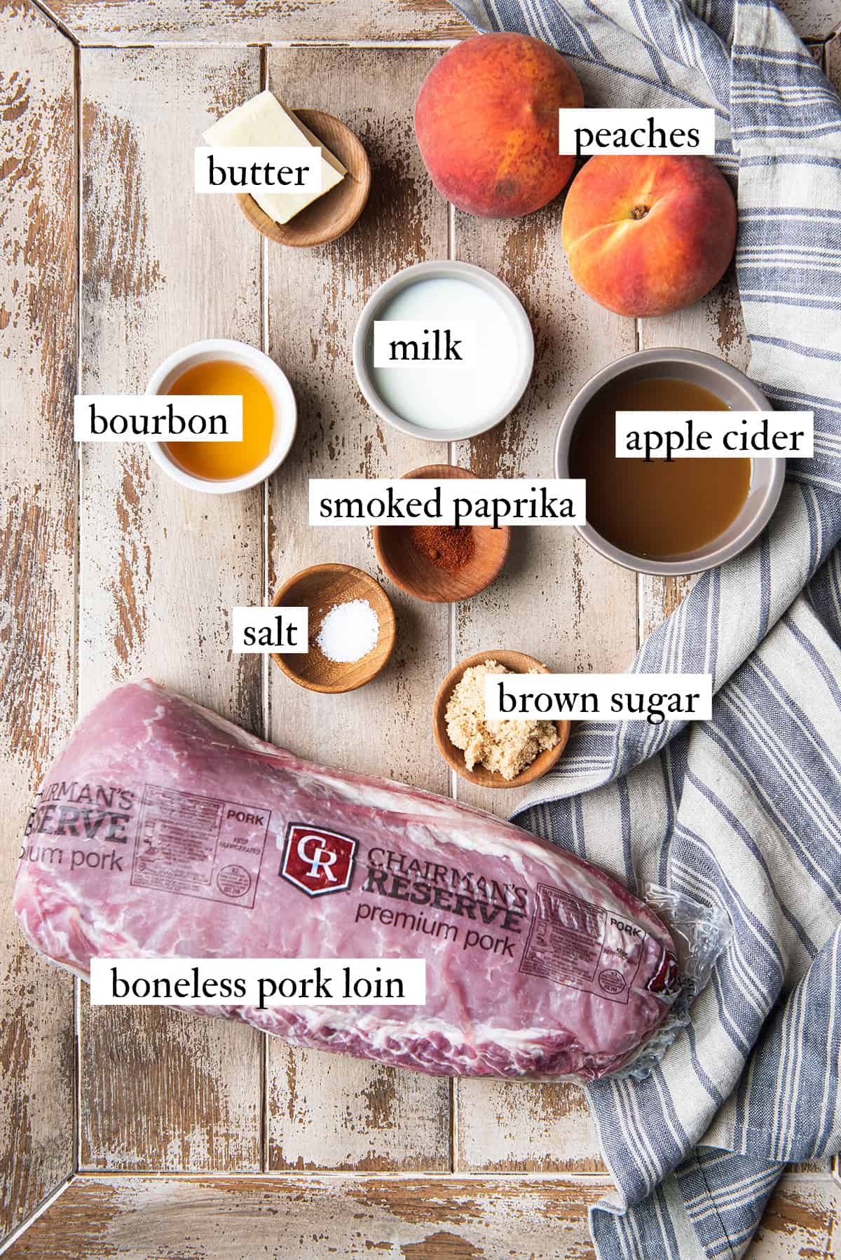 ingredients for boneless pork chops on wooden table