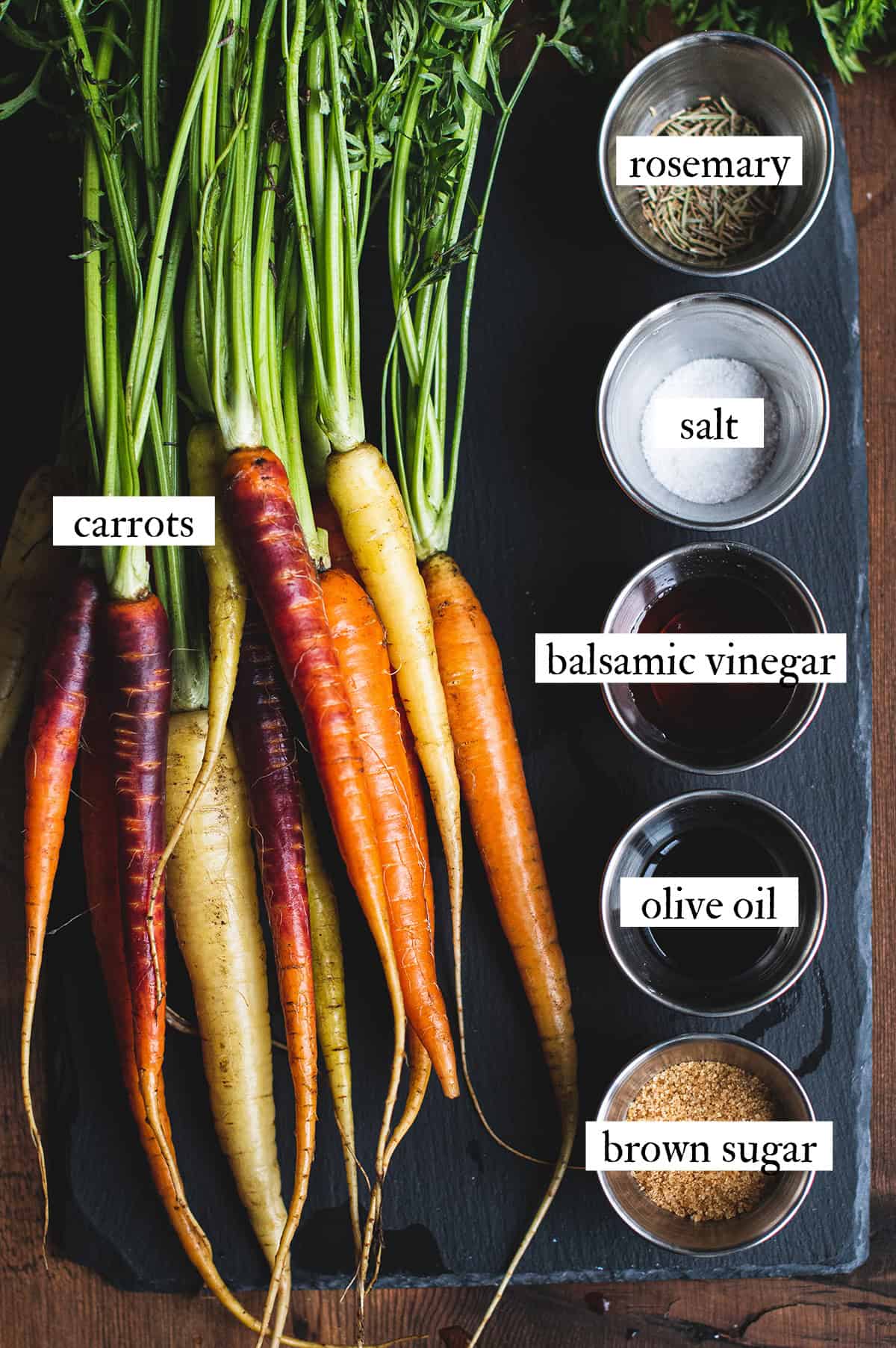 colorful carrots + ingredients for balsamic glaze on pan