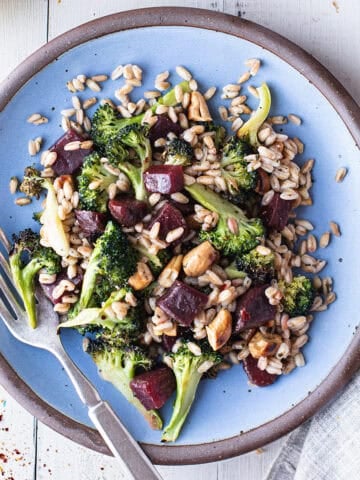 broccoli salad served on blue plate with fork
