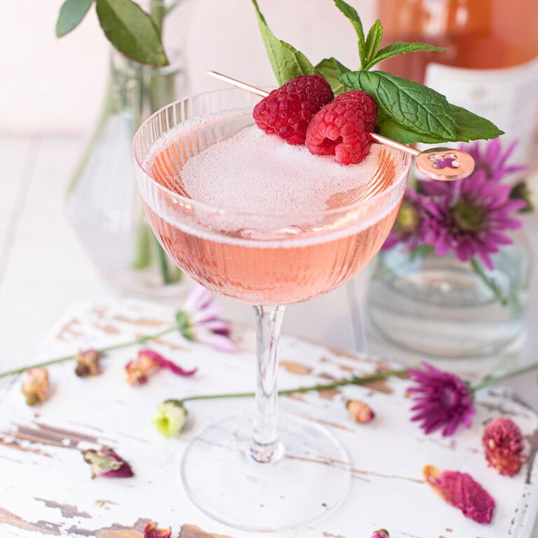 pink hibiscus drink in a stemmed coupe glass garnished with raspberries