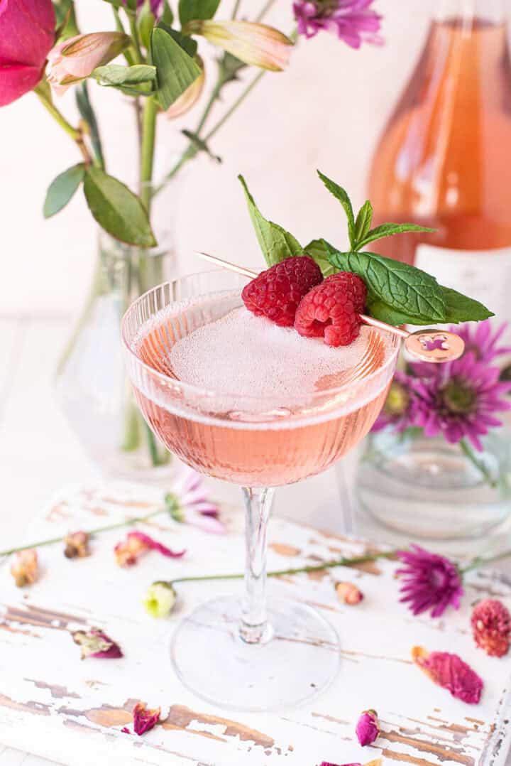pink hibiscus drink in a stemmed coupe glass garnished with raspberries