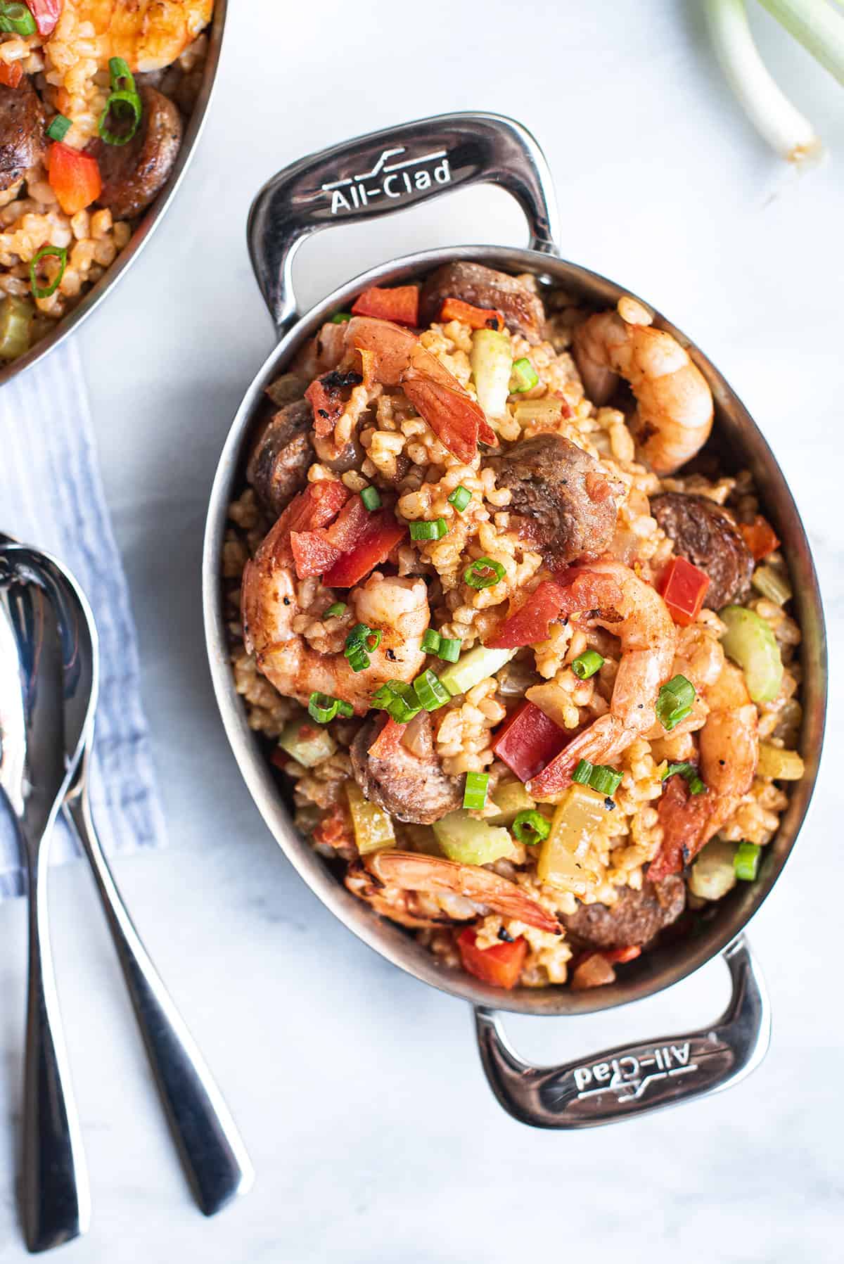 pan of creole style shrimp jambalaya