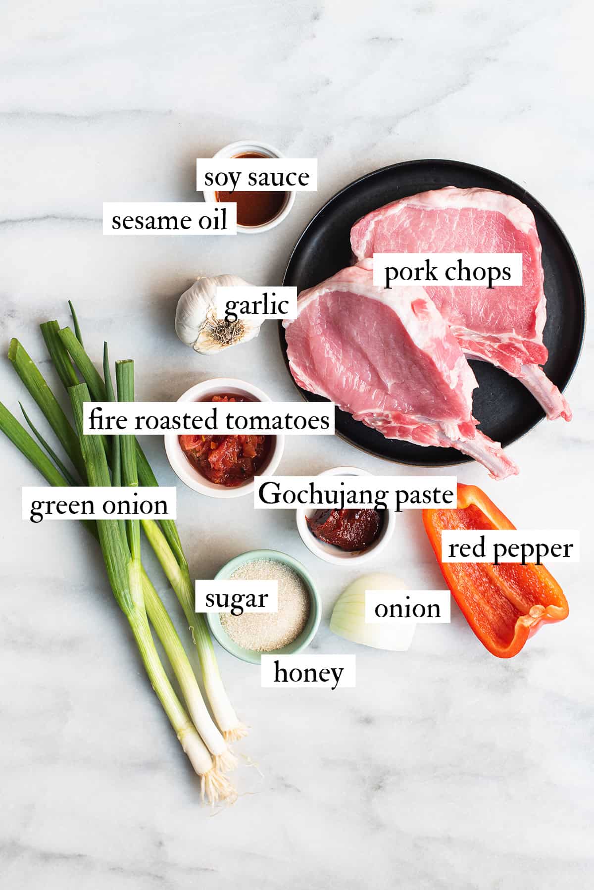 ingredients for Korean glazed pork chops on white counter top