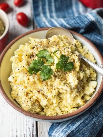 one large bowl of mashed potato salad with spoon, garnished with parsley and blue napkin