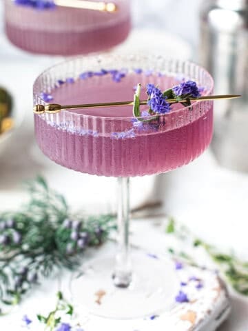 sparkling purple gin cocktail in coupe glass made with Empress 1908 gin