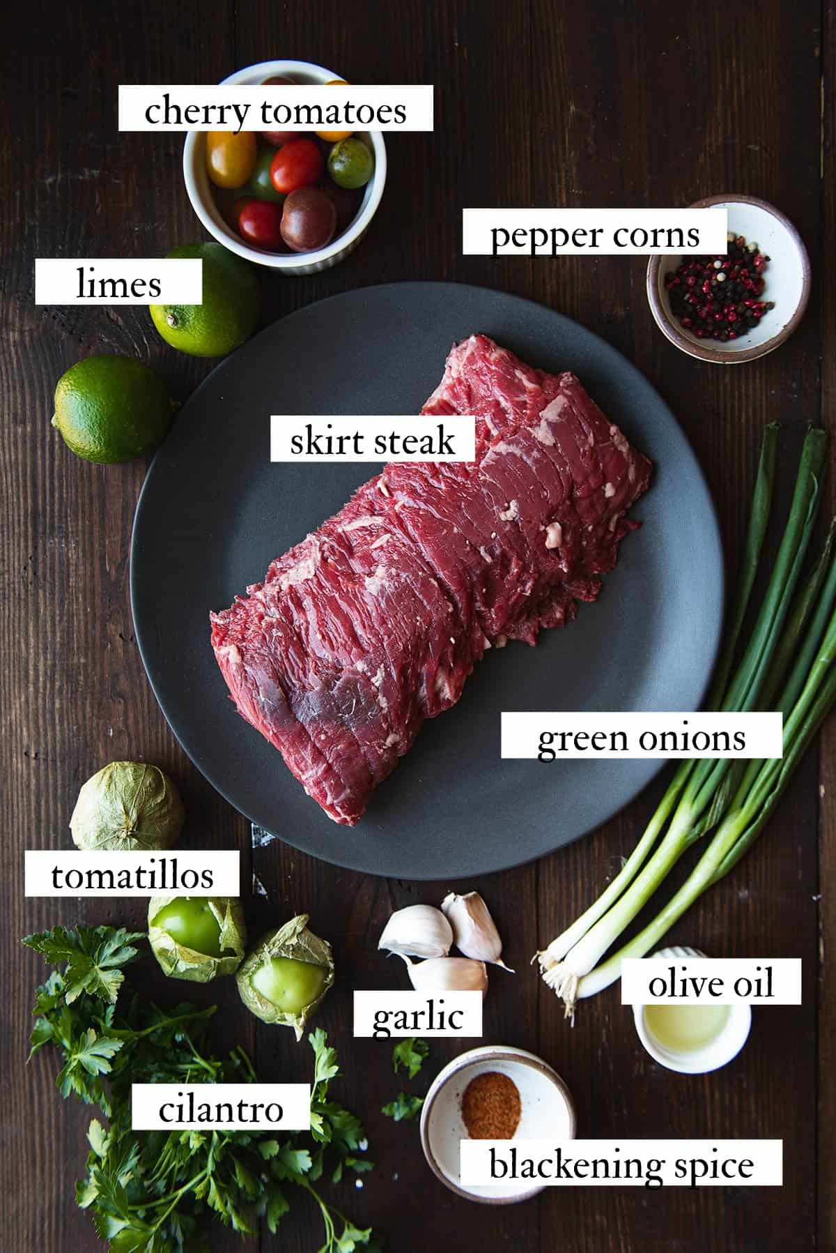 skirt steak ingredients on wooden table