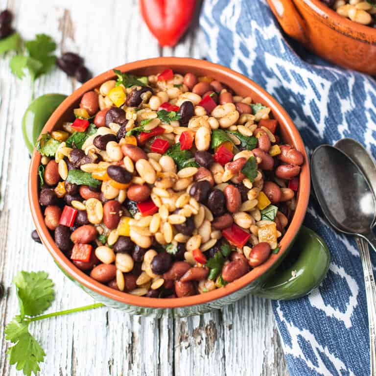 southwestern bean salad with orzo, lime dressing, and fresh vegetables