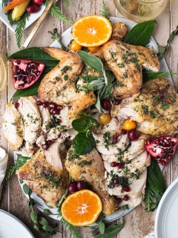 roasted spatchcock chicken with crispy skin served on holiday table