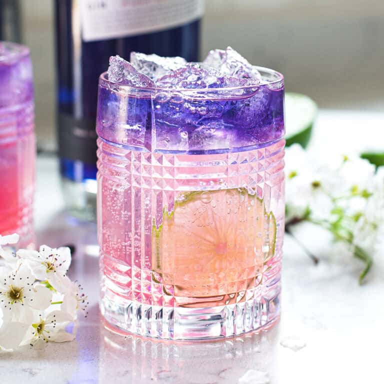 empress gin cocktail in rocks glass on white countertop with lime slice