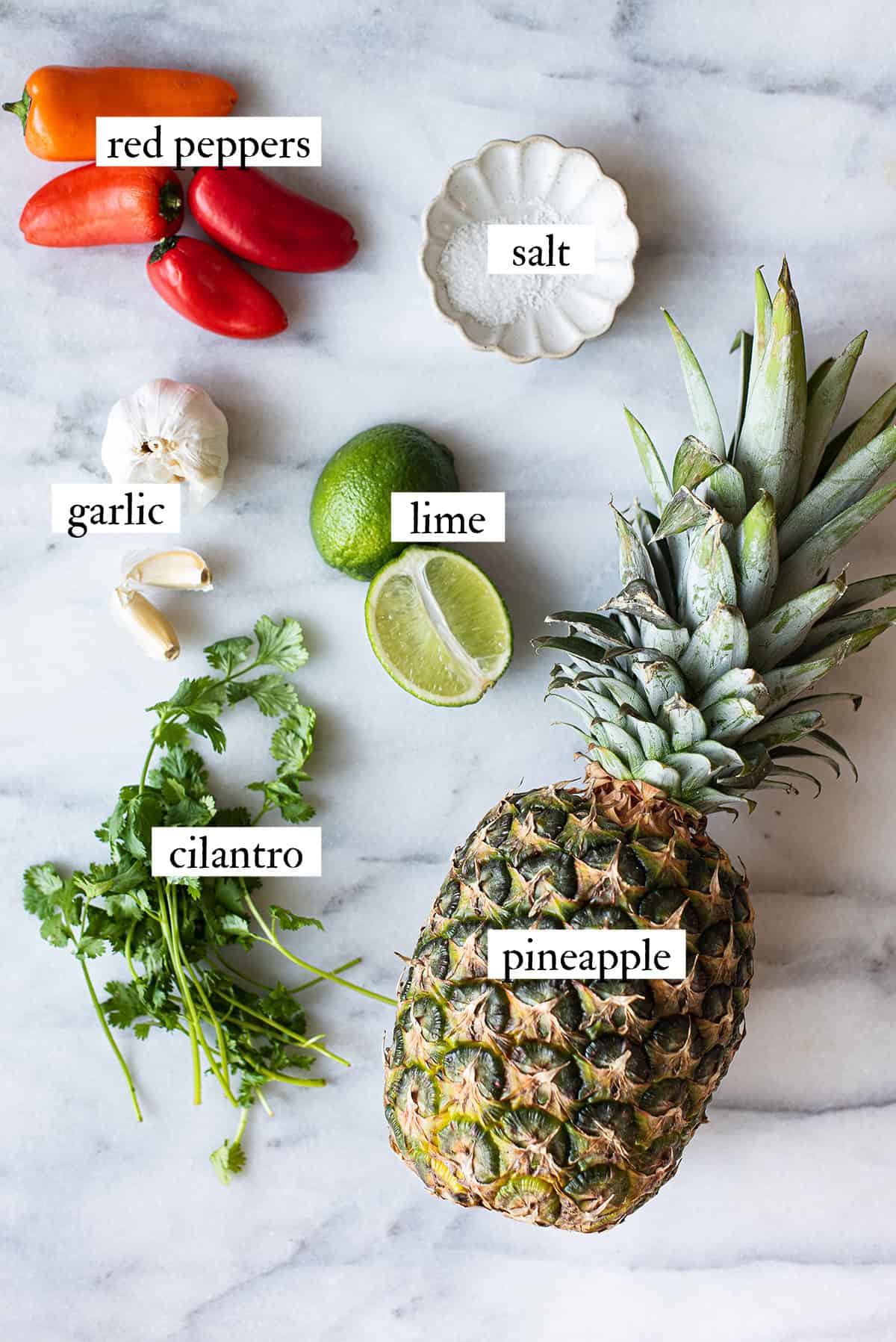 ingredients for pineapple salsa spread out on white countertop