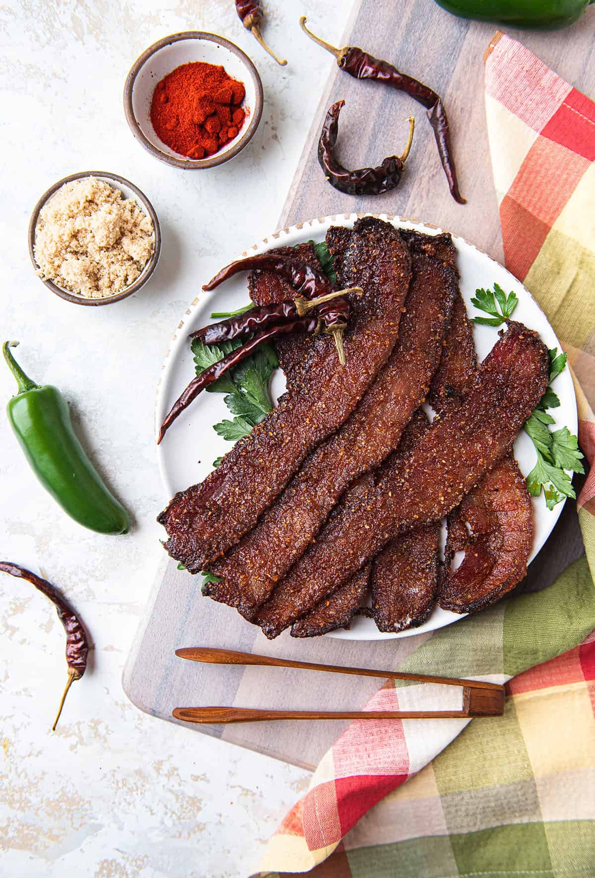 overhead view of candied bacon with paprika, brown sugar, and jalapeño